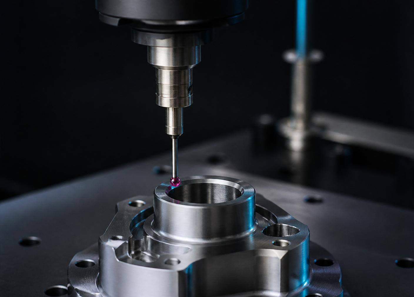 CMM probe inspecting a precision-machined part