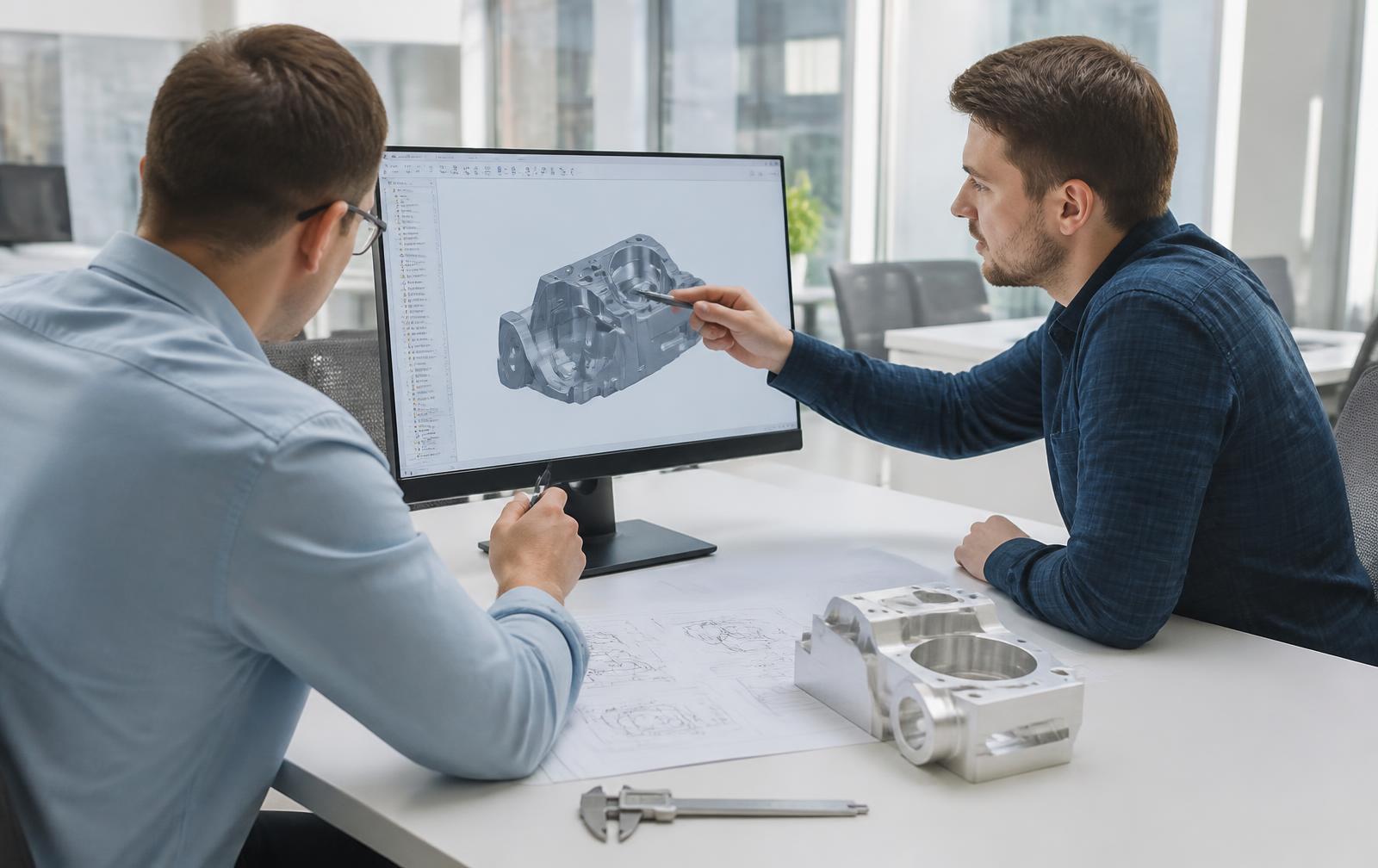 Manufacturing engineers reviewing a CAD model, print, and machined part during DFM review