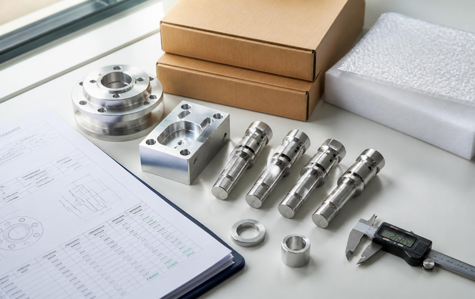 Finished machined parts staged with inspection documentation before shipment