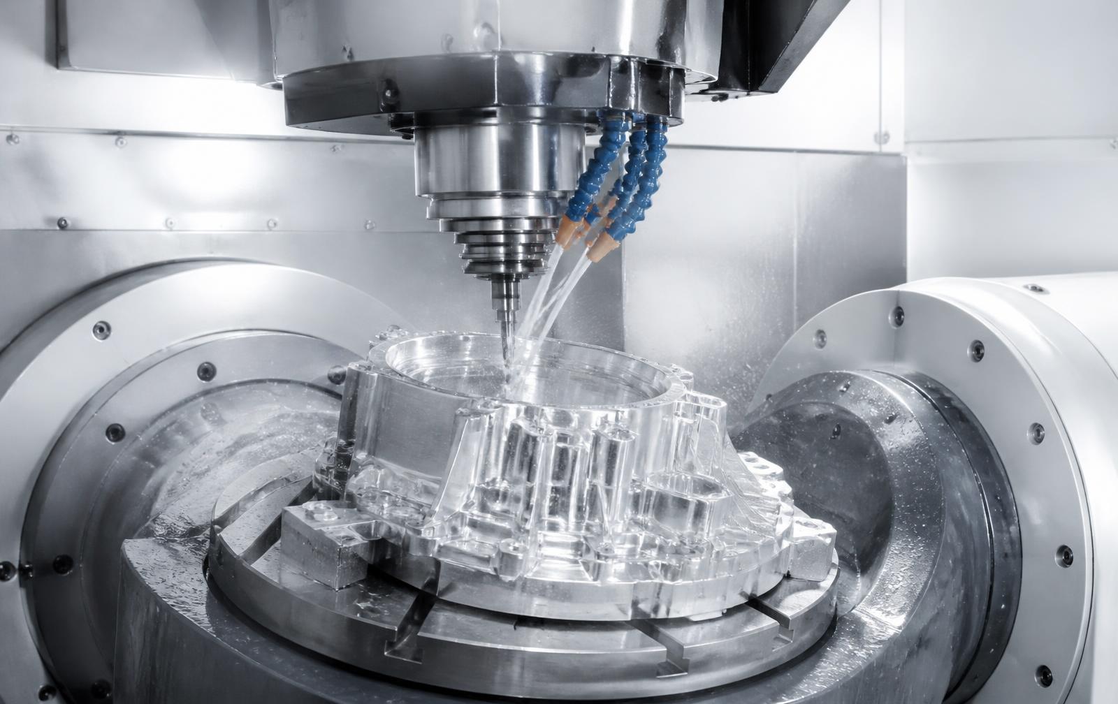 Precision CNC machining in progress on a brightly lit machining center